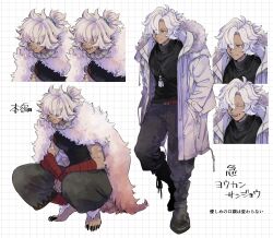  2boys ano_amesuke bandaged_arm bandages barefoot black_pants boots cape closed_eyes coat commentary_request cross_scar dark-skinned_male dark_skin fur-trimmed_hood fur_cape fur_trim grey_boots grey_coat hair_over_eyes hair_over_one_eye hands_in_pockets hood jewelry lanyard male_focus multiple_boys multiple_expressions necklace open_mouth original pants ponytail red_eyes scar scar_on_arm scar_on_cheek scar_on_face sharp_toenails shirt short_ponytail sleeveless sleeveless_shirt smile solo squatting toenails translation_request turtleneck white_hair 