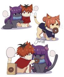  :3 :t absurdres animal animal_ear_fluff animalization black_hair blunt_bangs brown_hair cat clothed_animal commentary doughnut feeding fern_(sousou_no_frieren) food fur_collar hair_bun highres j_humbo laufen_(sousou_no_frieren) long_hair multicolored_hair no_humans pout red_hair short_hair signature simple_background single_hair_bun smile sousou_no_frieren speech_bubble stark_(sousou_no_frieren) symbol-only_commentary two-tone_hair 