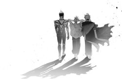  3boys ahoge arms_behind_head black_bodysuit body_markings bodysuit cloak collarbone dragon_boy_(to_be_hero_x) e-soul_(to_be_hero_x) facing_away from_behind full_body ghostblade_(to_be_hero_x) grey_hair greyscale hawaiian_shirt highres jingfngyny80992 male_focus mask monochrome multiple_boys print_shirt shirt short_hair spiky_hair superhero_costume to_be_hero to_be_hero_x walking white_background 