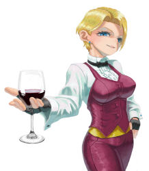  1girl absurdres alcohol blonde_hair blue_eyes commentary cup drinking_glass earrings fingerless_gloves gloves highres jewelry king_(snk) nojob_hiro ryuuko_no_ken short_hair simple_background solo white_background wine wine_glass 