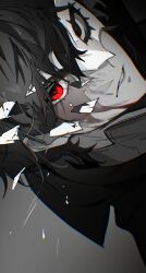  1boy absurdres amamiya_ren black_eyes black_hair black_jacket broken_mask close-up domino_mask eye_mask grey_background greyscale hair_between_eyes heterochromia highres jacket joker_(persona_5) looking_at_viewer mask monochrome ore_iuse parted_lips persona persona_5 portrait red_eyes short_hair sideways simple_background solo spot_color white_mask 
