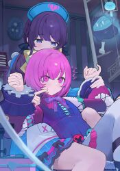  2girls ^^^ asahina_mafuyu black_bow blue_dress blush bob_cut bow braid center_frills cheek_poking closed_mouth commentary cross-laced_clothes crossed_bangs dress english_commentary frills front-to-back ghost hair_between_eyes hair_bow hair_over_shoulder hat high-ended_braid highres holding_another&#039;s_wrist indoors intravenous_drip long_hair long_sleeves looking_up low_twintails multiple_girls nurse nurse_cap official_alternate_costume official_alternate_hairstyle ootori_emu pantyhose pink_eyes pink_hair poking polka_dot polka_dot_bow project_sekai puffy_long_sleeves puffy_sleeves purple_hair purple_shirt shirt short_dress short_hair sidelocks sitting sitting_between_lap striped_clothes striped_dress surprised twin_braids twintails usagi_melon3 vertical-striped_clothes vertical-striped_dress violet_eyes white_pantyhose wonderhorror~!?_na_kimodameshi!_(project_sekai) yellow_bow 