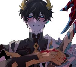  1boy backlighting black_hair black_shirt blood blood_on_hands blood_on_weapon blue_eyes blush commentary dan_heng_(honkai:_star_rail) dan_heng_(permansor_terrae)_(honkai:_star_rail) double-parted_bangs dragon_boy dragon_horns earrings gauntlets grin hadanugi_dousa hair_between_eyes hand_up highres holding holding_polearm holding_weapon honkai:_star_rail honkai_(series) horns ichi_(010_ichi) jewelry male_focus mandarin_collar nervous_sweating nose_blush polearm portrait shirt short_hair simple_background single_earring smile solo spear straight-on sweat vambraces very_short_hair weapon white_background yandere yellow_horns 