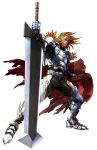  1boy armor blonde_hair breastplate cape full_armor gauntlets greaves highres holding_sword holding_weapon huge_sword huge_weapon knight long_hair male manly official_art pauldrons scar serious siegfried_schtauffen simple_background soul_calibur soulcalibur sword weapon white_background zweihander 