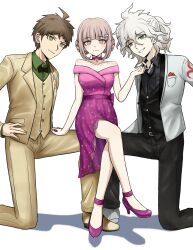  1girl 2boys ahoge bare_shoulders black_bow black_bowtie bow bowtie breasts brown_hair collared_shirt danganronpa_(series) danganronpa_10th_anniversary_costume danganronpa_2:_goodbye_despair dress green_shirt hair_ornament highres hinata_hajime jacket kmnm_1403 komaeda_nagito large_breasts long_sleeves looking_at_viewer medium_hair multiple_boys nanami_chiaki necktie official_alternate_costume pants pink_dress shirt short_hair smile 