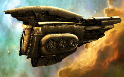  amarr_empire_(eve_online) capital_ship_(eve_online) carthum_conglomerate_(eve_online) clouds combat_ship_(eve_online) commentary dreadnought_(eve_online) english_commentary english_text eve_online glowing hangar highres military_vehicle nebula no_humans outdoors realistic revelation_(eve_online) science_fiction space star_(sky) text_print vankaiser vehicle_focus 