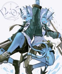  1boy 1girl absurdres aqua_jacket artist_logo black_necktie black_shoes black_skirt blue_horns blue_oni blue_skin blue_tail colored_skin genderswap genderswap_(ftm) hair_between_horns hashtag-only_commentary highres holding holding_hands holding_weapon horns jacket jumping logo looking_at_another looking_at_viewer motion_lines multicolored_horns necktie nongxy_nonshi one_eye_closed oni open_mouth red_eyes sharp_tail shirt shoes short_hair skin-covered_horns skirt soukaku_(zenless_zone_zero) tongue tongue_out twitter_username two-tone_horns two-tone_tail weapon white_background white_hair white_shirt zenless_zone_zero 