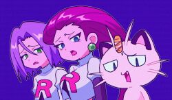  1boy 1girl black_gloves blue_background blue_eyes depressed earrings gloves green_eyes james_(pokemon) jessie_(pokemon) jewelry looking_at_viewer macchiromomomo meowth pokemon pokemon_(anime) pokemon_(classic_anime) pokemon_(creature) purple_hair red_hair team_rocket team_rocket_uniform 