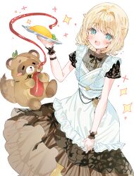  1girl :d absurdres apron aqua_eyes black_dress black_sleeves blonde_hair commentary_request dress food frilled_apron frills hair_flaps hair_intakes highres holding holding_plate hololive kazama_iroha kazama_iroha_(maid) ketchup ketchup_bottle lace lace_sleeves looking_at_viewer maid_apron medium_hair neck_ribbon official_alternate_costume omelet omurice open_mouth plate ribbon simple_background smile solo teeth upper_teeth_only wasemkn white_apron white_background wrist_cuffs 