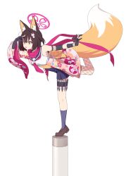  1girl absurdres animal_ear_fluff animal_ears asymmetrical_legwear black_gloves black_sailor_collar black_skirt black_socks blue_archive brown_hair brown_shoes cherry_blossom_print commentary eyeshadow fishnet_thighhighs fishnets floating_scarf floral_print floral_print_kimono fox_ears fox_girl fox_hair_ornament fox_tail fuhao10708 full_body gloves hair_ornament halo hands_up highres izuna_(blue_archive) japanese_clothes kimono kneehighs kunai loafers long_scarf looking_ahead makeup medium_hair miniskirt mismatched_legwear neckerchief ninja open_mouth partially_fingerless_gloves pink_eyeshadow pink_halo pink_kimono pink_neckerchief pink_scarf pleated_skirt pom_pom_(clothes) pom_pom_hair_ornament print_kimono sailor_collar scarf school_uniform serafuku shading_eyes shirt shoes simple_background single_thighhigh skirt sleeveless sleeveless_shirt socks solo standing standing_on_one_leg symbol-only_commentary tail tail_raised thigh-highs tiptoes weapon white_background white_shirt yellow_eyes 