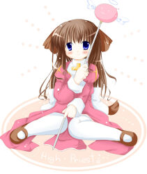  1girl 2000s_(style) angeling animal_ears back_bow blue_eyes blush bow brown_hair brown_shoes closed_mouth commentary_request dog_ears dog_girl dog_tail dress floppy_ears full_body high_priest_(ragnarok_online) holding holding_staff juliet_sleeves koba-p long_hair long_sleeves looking_at_viewer mary_janes puffy_sleeves ragnarok_online red_dress shoes sitting smile solo staff tail thigh-highs two-tone_dress wariza white_background white_bow white_dress white_thighhighs 