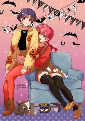  2girls :d alternate_hairstyle armchair arms_around_waist artist_name baby_animal black_shirt black_thighhighs blue_eyes blush bob_cut boots braid brown_boots brown_eyes brown_overalls brown_shoes bug bunting casual chair closed_mouth coa_(momo) commentary dated decorations dog dot_mouth english_commentary expressionless full_body genderswap genderswap_(ftm) ghost gradient_background hair_between_eyes hairband halloween high-waist_skirt highres hug hug_from_behind jacket long_sleeves looking_at_viewer multiple_girls on_chair open_clothes open_jacket orange_background overall_shorts overalls p-chan pantyhose parted_bangs polka_dot polka_dot_background pumpkin_print puppy purple_background purple_hair ranma-chan ranma_1/2 red_hair red_hairband red_pantyhose red_shirt saotome_ranma shirokuro_(ranma_1/2) shirt shoes short_hair signature sitting skirt sleeves_past_wrists smile spider string_of_flags sweatdrop teeth tendou_akane thigh-highs twin_braids twitter_username upper_teeth_only yellow_jacket yellow_skirt zettai_ryouiki 