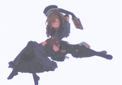  2girls :o armband beads black_bow black_bowtie black_jacket black_thighhighs bob_cut book bow bowtie brown_hair capelet closed_eyes covered_eyes crying dress elbow_gloves eva_beatrice flower frilled_capelet frilled_dress frills full_body gloves hair_beads hair_ornament highres holding holding_book jacket lap_pillow lying multiple_girls puffy_sleeves purple_capelet purple_dress red_armband red_flower red_hair red_rose rose skirt thigh-highs umineko_no_naku_koro_ni ushiromiya_ange white_background white_skirt zhenshidegancuiyaoqinidetuweiba 