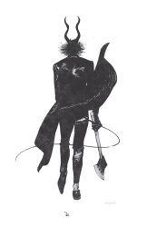  1boy axe coat from_behind full_body greyscale holding holding_axe horns male_focus monochrome nagabe sensei_(totsukuni_no_shoujo) simple_background solo tail totsukuni_no_shoujo walking white_background 