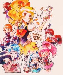  +_+ 3boys 6+girls aino_megumi black_vest blonde_hair blue_(happinesscharge_precure!) bow brown_eyes closed_mouth collared_vest cropped_legs cure_fortune cure_honey cure_lovely cure_princess dated eating hair_bow happinesscharge_precure! happy hayashi_(kanzume) high_ponytail hikawa_iona lapels long_hair looking_at_food multiple_boys multiple_girls notched_lapels oomori_yuuko orange_bow photo_(medium) ponytail precure queen_mirage ribbon_(happinesscharge_precure!) ringlets shirayuki_hime smile sparkling_eyes tareme tongue tongue_out traditional_media translation_request vest wavy_hair 
