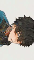  1boy black_hair black_shirt blush dan_heng_(honkai:_star_rail) double-parted_bangs earrings green_eyes grey_background hair_between_eyes highres honkai:_star_rail honkai_(series) jewelry lower_teeth_only male_focus piercing ruri_r_rikka shirt short_hair simple_background single_earring smile solo teeth 