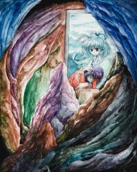  2girls blue_eyes blue_hair cave closed_eyes closed_mouth commentary_request hagoromo hair_rings hat hat_ornament highres hug jiangshi kaku_seiga looking_at_another miyako_yoshika multiple_girls newsboy_cap ofuda painting_(medium) purple_hair red_shirt schizos_dq shawl shirt short_hair short_sleeves smile star_(symbol) star_hat_ornament touhou traditional_media upper_body watercolor_(medium) 