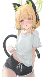 1girl absurdres alternate_costume animal_ear_headphones animal_ears aqua_bow arm_behind_back black_shorts blue_archive blunt_bangs blush bow casual cat_ear_headphones cat_ears cat_tail clothes_lift collarbone cowboy_shot dolphin_shorts fake_animal_ears fake_tail green_eyes green_halo hair_bow halo hand_up hashtag-only_commentary headphones highres lifting_own_clothes looking_at_viewer medium_hair midori_(blue_archive) midriff_peek open_mouth shirt shirt_lift short_sleeves shorts sidelocks simple_background solo springrain_06 sweatdrop t-shirt tail tongue tongue_out white_background white_shirt 