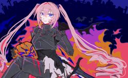  1girl altea_alessandrini armor assault_lily black_shirt blue_background blue_eyes breastplate chinese_commentary closed_mouth colorful_background commentary_request crossed_bangs crossed_legs cuisses feet_out_of_frame gatti_love gauntlets greaves hair_between_eyes hair_intakes hair_ornament halloween halloween_costume hand_up highres holding jack-o&#039;-lantern long_hair pauldrons pink_background pink_hair purple_background shirt shoulder_armor silhouette sitting smile solo sword tombstone twintails very_long_hair weapon 