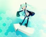  boots closed_eyes cyan detached_sleeves hatsune_miku headphones long_hair necktie puti_devil skirt solo standing thigh_boots thighhighs twintails very_long_hair vocaloid wallpaper 