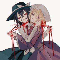  2girls black_hair blonde_hair blue_skirt commentary_request dress frills hand_on_another&#039;s_cheek hand_on_another&#039;s_face hat highres hug long_sleeves looking_at_viewer maribel_hearn medium_hair mob_cap multiple_girls necktie parted_lips purple_dress red_eyes red_necktie shirt skirt smile string string_around_finger string_around_neck string_of_fate touhou upper_body usami_renko violet_eyes white_background white_shirt yatsushiki_shigi 