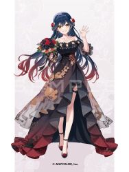  1girl ankle_strap bare_shoulders black_dress black_flower black_ribbon black_rose black_shoes blue_hair border bouquet breasts collarbone colored_tips copyright_notice daisy_(flower) dress fingernails floral_print flower flower_ornament flower_trim footwear_flower frilled_dress frilled_sleeves frills full_body gown gradient_clothes gradient_dress grey_background grin hair_between_eyes hair_flower hair_ornament holding holding_bouquet large_breasts layered_dress long_dress long_hair looking_at_viewer michi_(iawei) multicolored_hair nijisanji off-shoulder_dress off_shoulder official_art outside_border pillarboxed pink_nails puffy_short_sleeves puffy_sleeves red_dress red_flower red_hair red_rose ribbon rose sample_watermark see-through_dress_layer sharp_fingernails shoes short_sleeves side_slit sidelocks_tied_back smile solo standing straight-on thigh_strap very_long_hair virtual_youtuber watermark waving white_border white_flower yamagami_karuta yellow_eyes 