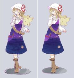  1girl absurdres belt blonde_hair boots brown_belt brown_boots chest_belt commentary_request cosplay crescent crescent_pin dress finger_to_mouth full_body gradient_clothes gradient_dress grey_background hair_over_one_eye hand_fan hat hat_ribbon highres jewelry long_hair maribel_hearn mob_cap moon mountain multicolored_dress multiple_views necklace pocket purple_dress red_ribbon ribbed_sweater ribbon ribbon-trimmed_dress ribbon-trimmed_hat ribbon_trim simple_background sketch standing sweater taasuukeeteeeee touhou turtleneck turtleneck_sweater violet_eyes watatsuki_no_toyohime watatsuki_no_toyohime_(cosplay) white_background white_hat white_sweater 