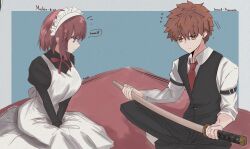  1boy 1girl apron black_pants blue_eyes breasts dress emiya_shirou english_text fate/grand_order fate_(series) highres hisui_(tsukihime) holding holding_sword holding_weapon katana long_sleeves maid maid_apron maid_headdress medium_breasts necktie orange_hair pants puffy_sleeves red_hair red_necktie senji_muramasa_(fate) shirt shokobr short_hair speech_bubble suit sword talking tsukihime type-moon weapon white_apron white_shirt yellow_eyes 