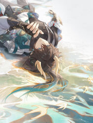  1boy achyue arm_up belt belt_buckle black_gloves buckle closed_mouth coat commentary_request dan_heng_(honkai:_star_rail) dan_heng_(permansor_terrae)_(honkai:_star_rail) dragon_horns dutch_angle fingernails gloves gradient_hair green_eyes highres honkai:_star_rail honkai_(series) horns long_sleeves looking_at_viewer lying male_focus multicolored_hair official_alternate_costume on_back solo white_coat yellow_horns 