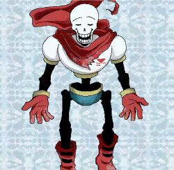  1boy 2025 2d abstract_background aqua_background armor artist_name blue_shorts boots closed_eyes digital_media gloves humanoid male male_focus male_only monster monster_boy oekaki outstretched_arms papyrus_(undertale) red_boots red_gloves red_scarf scarf shorts skeleton solo standing straight-on teeth u_u undead undertale unyomoke utdr_(toby_fox) white_armor 