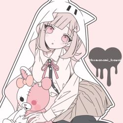  1girl artist_name breasts brown_hair collared_shirt danganronpa_(series) danganronpa_2:_goodbye_despair doll flipped_hair ghost_costume hair_ornament komanami_kawaii long_sleeves looking_at_viewer medium_hair monomi_(danganronpa) nanami_chiaki neck_ribbon no_jacket pink_eyes pink_ribbon ribbon shirt skirt stuffed_animal stuffed_rabbit stuffed_toy thigh-highs two-tone_shirt veil white_shirt 