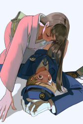  2girls absurdres aged_up amagi_yukiko arm_up babakun black_hair blue_hat blue_jacket blue_necktie blue_skirt blush bob_cut brown_hair collared_shirt eye_contact gloves half-closed_eyes hand_on_ground hat highres jacket japanese_clothes kimono long_hair long_sleeves looking_at_another lying multiple_girls necktie nervous on_back parted_lips pencil_skirt persona persona_4 pink_kimono police police_badge police_uniform policewoman satonaka_chie shirt short_hair skirt sweatdrop white_gloves yuri 