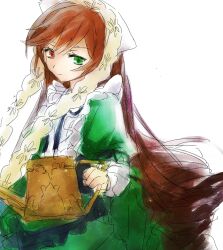  1girl absurdres brown_hair dress floating_clothes floating_hair green_dress green_eyes heterochromia highres holding holding_watering_can layered_sleeves light_smile long_hair long_sleeves puffy_sleeves red_eyes rozen_maiden short_over_long_sleeves short_sleeves solo suiseiseki upper_body very_long_hair watering_can white_background yingrenzhijie 