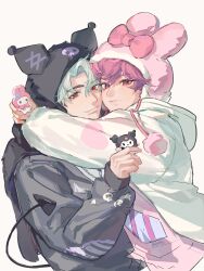  2boys absurdres animal_ear_headwear bamby_(plave) black_jacket bow closed_mouth eunho_(plave) fqdyy hair_between_eyes heart highres hood hoodie hug jacket k-pop kuromi long_sleeves looking_at_viewer male_focus multiple_boys my_melody onegai_my_melody parted_bangs pink_bow pink_eyes pink_hair plave red_eyes sanrio short_hair simple_background smile upper_body white_background white_hair white_hoodie 