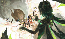  1girl ancient_egyptian_clothes animal ashru_(genshin_impact) black_cat cat commentary_request elbow_gloves eye_tattoo fake_claws finger_claws from_behind gem genshin_impact gloves green_eyes green_gemstone green_hair green_streaks grin hair_ornament headpiece highres jewelry looking_at_reflection mark_under_eye medium_hair miaooon mole mole_under_eye nefer_(genshin_impact) reflection smile solo symbol-shaped_pupils tattoo triangle-shaped_pupils usekh_collar whiskers 