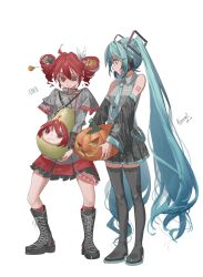 2girls absurdres ahoge aqua_eyes aqua_hair aqua_necktie arm_tattoo artist_name bennopi black_boots boots candy candy_wrapper collared_shirt commentary dated detached_sleeves drill_hair english_commentary food full_body grey_jacket grey_shirt hair_ribbon halloween halloween_bucket hatsune_miku headphones highres jacket kasane_teto kasane_teto_(sv) lace-up_boots lollipop looking_at_another multiple_girls necktie pearto pleated_skirt ribbon shirt shoulder_belt signature simple_background skirt sleeveless sleeveless_shirt standing synthesizer_v tattoo thigh_boots tieclip twin_drills twintails utau vocaloid white_background white_ribbon 