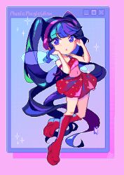  1girl absurdly_long_hair absurdres arm_ribbon bare_arms bare_shoulders blue_hair blue_wings blunt_bangs boots character_name circle_skirt commentary covered_mouth crop_top curious cursor english_commentary fairy fairy_wings floating full_body glitter hands_on_headphones headphones highres knee_boots knees leotard leotard_under_clothes lips long_hair magical_girl mimichair miniskirt musa_(winx_club) outline parted_lips pink_background pink_leotard pink_lips pixel_art platform_boots pleated_skirt purple_ribbon red_boots red_shirt red_skirt ribbon shirt single_strap skirt skirt_set sleeveless sleeveless_shirt solo sparkle transparent_wings twintails very_long_hair violet_eyes wavy_hair white_outline window_(computing) wings winx_club 