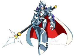  1boy android armor cape chest_jewel commission covered_eyes energy_spear forehead_jewel full_body gareth_(mega_man) gloves hayebsi helmet helmet_over_eyes holding holding_polearm holding_weapon jeweled_hat jewelry joints knee_armor knight mega_man_(series) mega_man_x_(series) mega_man_xtreme_2 polearm robot_ears robot_joints simple_background solo staff_riding weapon white_background white_cape white_gloves 