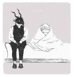  1boy 1girl bed black_fur blanket body_fur child english_text furry furry_male grey_background horns looking_at_another nagabe on_bed sensei_(totsukuni_no_shoujo) shiva_(totsukuni_no_shoujo) simple_background sitting tail totsukuni_no_shoujo vest 