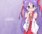  asanagi blue_eyes blush bow collarbone cosplay detached_sleeves frills frown hair_ribbon hakurei_reimu hakurei_reimu_(cosplay) hand_to_mouth hiiragi_kagami japanese_clothes long_hair lucky_star miko parody purple_hair ribbon solo touhou tsurime twintails wallpaper 