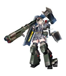  1girl absurdres belt breasts cosmic_break green_eyes headgear highres knife large_breasts leg_armor leotard looking_at_viewer mecha_musume military_uniform official_art open_clothes open_shirt rocket_launcher second-party_source shannon_whizbang thigh-highs weapon white_hair 
