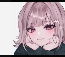  1girl black_jacket blush brown_hair churu_(chu1e0) danganronpa_(series) danganronpa_2:_goodbye_despair hair_intakes hair_ornament hands_up highres jacket long_sleeves looking_at_viewer medium_hair nanami_chiaki pink_eyes simple_background smile solo white_background 