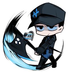  05_soleil 1boy :/ axe baseball_cap black_eyes black_gloves black_hat black_vest boots chibi chibi_only emoji fingerless_gloves full_body gauntlets gloves grey_shirt hat holding holding_axe incoming_attack limbus_company male_focus meursault_(project_moon) motion_blur official_alternate_costume project_moon serious shirt solo vest w_corp._(identity)_(project_moon) 
