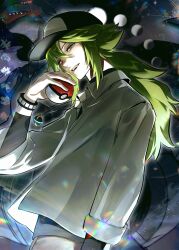  1boy baseball_cap black_hat black_shirt bracelet brown_pants chan522423 collared_shirt dragon green_hair grey_eyes hair_between_eyes hat highres jewelry light_particles long_hair looking_at_viewer male_focus necklace open_mouth pants pokemon pokemon_(creature) pokemon_bw red_eyes refraction sharp_teeth shirt sidelocks sleeves_rolled_up smile teeth upper_teeth_only white_shirt zekrom 