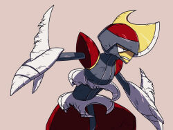  1other arm_blade armor bags_under_eyes battle_damage bisharp broken broken_armor broken_weapon brown_background cowboy_shot cracked_armor cracked_helmet cracked_skin exhausted facing_to_the_side fighting_stance grey_helmet grey_trim grimace helmet looking_ahead outstretched_arms pokemon pokemon_(creature) pokemon_focus red_helmet red_trim shoulder_pads solo two-tone_helmet umi-be-to upper_body weapon 