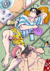  2boys abs alternate_costume barefoot brothers cellphone charger charging_device choso_(jujutsu_kaisen) closed_mouth commentary_request eating electric_fan extension_cord feet from_above highres itadori_yuuji jujutsu_kaisen lying male_focus max801115 multiple_boys nintendo_switch no_nipples on_back on_floor pectorals phone pillow plate print_shorts red_shorts scar scar_on_face shirt shorts siblings smartphone striped_clothes striped_shirt toenails toes topless_male yellow_shorts 