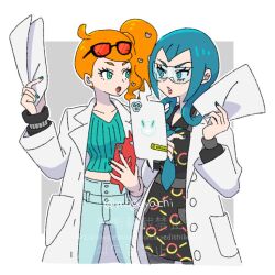  2girls aqua_eyes aqua_nails aqua_shirt black-framed_eyewear black_dress blue_eyes blue_hair commentary denim dress eyewear_on_head hachisen hair_ornament hair_rings heart heart_hair_ornament holding holding_paper jeans lab_coat looking_at_another mable_(pokemon) multiple_girls necktie orange_hair pants pantyhose paper pokemon pokemon_legends:_z-a pokemon_swsh ribbed_shirt rotom rotom_phone safety_glasses shirt side_ponytail sonia_(pokemon) sunglasses swept_bangs twitter_username v-neck watermark wavy_hair 