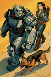  2025 absurdres animal armor backpack bag bao_nguyen bethesda blue_jumpsuit brotherhood_of_steel dog fallout full_armor highres jumpsuit pip_boy power_armor power_armor_(fallout) signature vault_suit wrist_computer yellow_background 