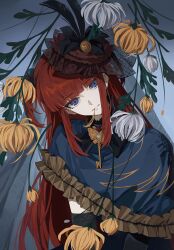  1girl absurdres ange_beatrice beads black_bow black_bowtie blue_capelet blue_eyes blunt_bangs bow bowtie capelet flower flower_request frilled_capelet frills hair_beads hair_ornament half_updo hat hat_feather head_tilt highres jinxiaoyimeng key long_hair looking_at_viewer orange_flower red_hair red_hat ribbon-trimmed_capelet ribbon_trim short_twintails sidelocks solo twintails umineko_no_naku_koro_ni upper_body ushiromiya_ange 