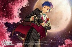  1boy adjusting_clothes adjusting_gloves artist_name belt belt_buckle black_belt black_gloves blue_hair bow bowtie buckle clenched_teeth collared_shirt commentary_request cowboy_shot ensemble_stars! flower fushimi_yuzuru gloves green_bow green_bowtie kagehira_wa_doko_ka_ne! lapel_pin lapels layered_clothes long_sleeves looking_at_viewer male_focus mole mole_under_eye moon night notched_lapels outdoors outstretched_hand pants shirt short_bangs short_hair smile solo striped_clothes striped_pants teeth twitter_username violet_eyes watermark 
